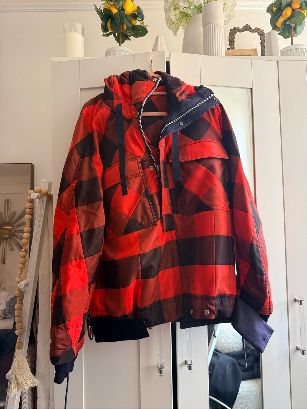 Sacai Red & Black Buffalo Plaid Hooded Jacket